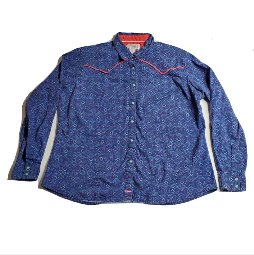 Wrangler Blues Boys Size XXL Pearl Snap Button Western Shirt Blue Plaid Diamond